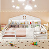 Montessori floor bed in white showcasing a spacious entrance and practical storage headboard for kids' play and sleep.
