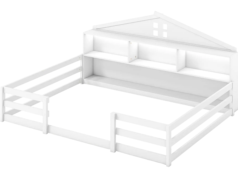 Montessori floor bed in white with storage compartments and shelf, designed for children's sleep and play needs.