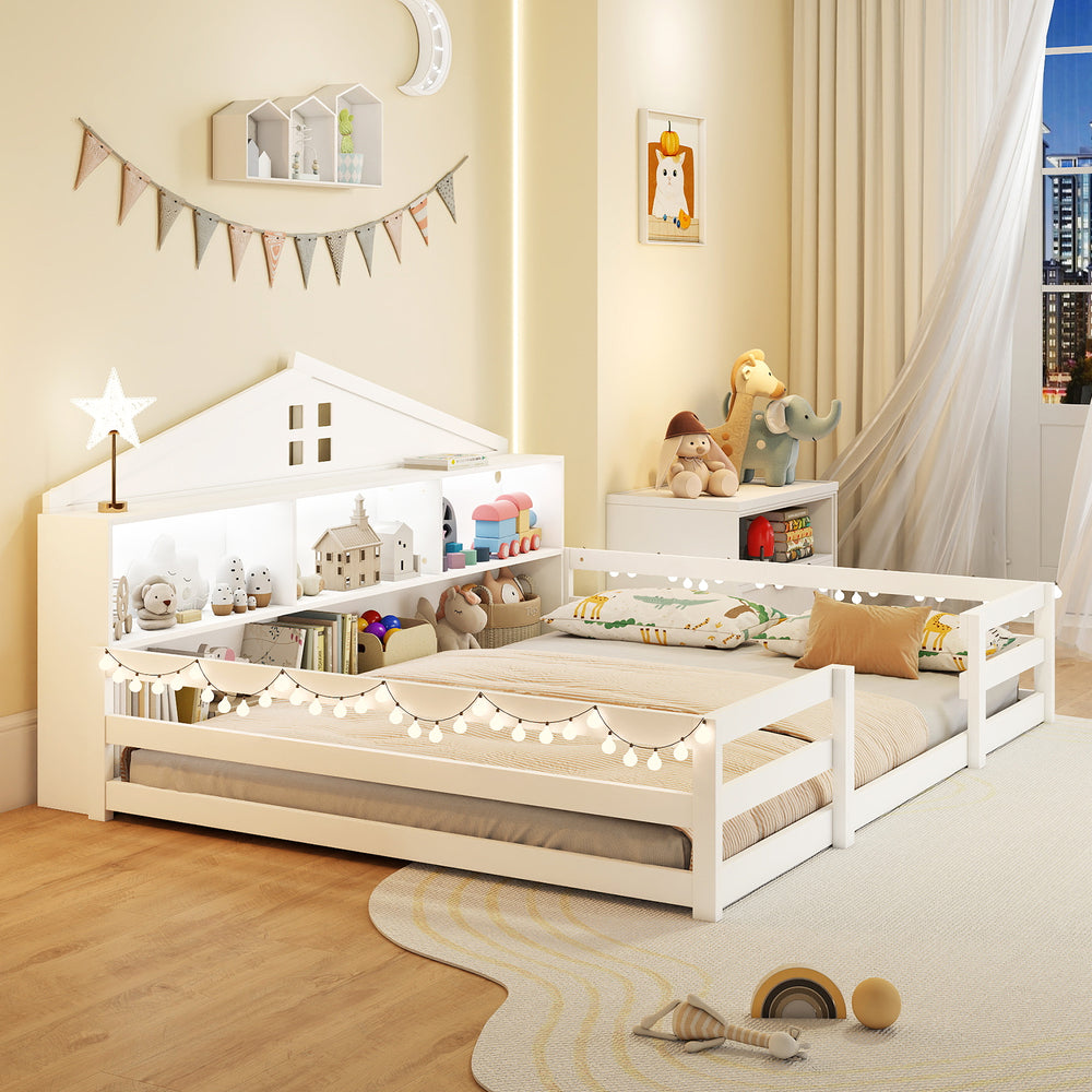 Full size Montessori floor bed in white with storage compartments and LED lights, designed for children's play and.