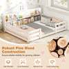 Full size Montessori floor bed in white with storage compartments, featuring robust pine wood construction for.