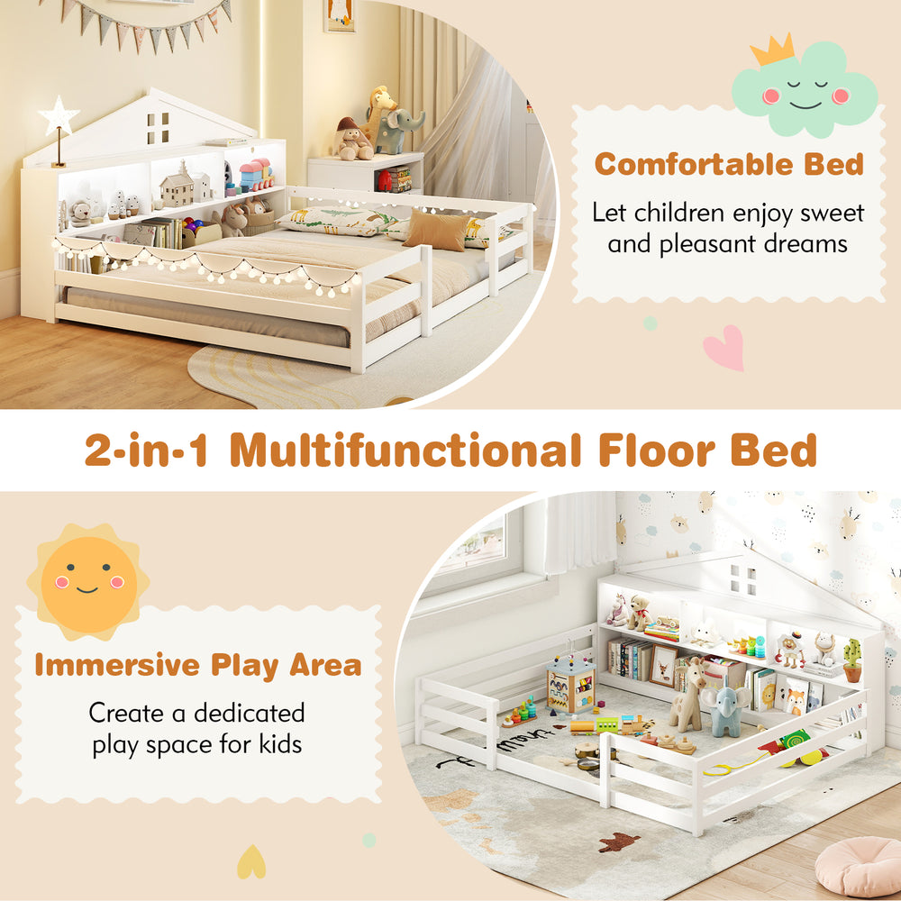Montessori floor bed with storage compartments, featuring a house shape design for sleeping and play in white.