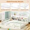 Full size Montessori floor bed in white with house shape design, elevated fence rails, and storage compartments for.