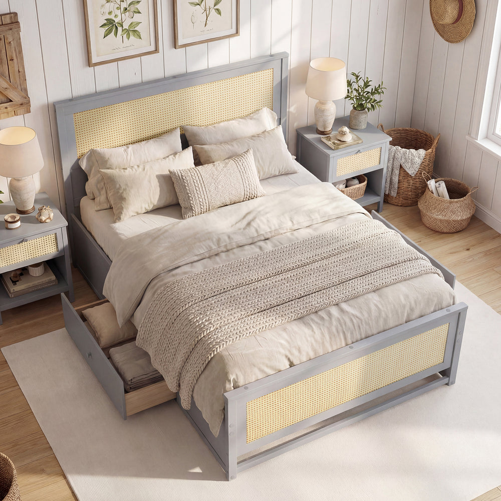 Full Size Rattan Bed Frame with Storage Drawers-Gray - Gallery View 1 of 10