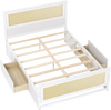 Full size white rattan bed frame with two storage drawers and wooden slats for reliable support and organization.
