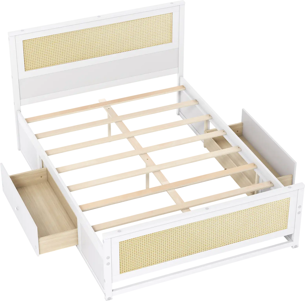 Full size white rattan bed frame with two storage drawers and wooden slats for reliable support and organization.