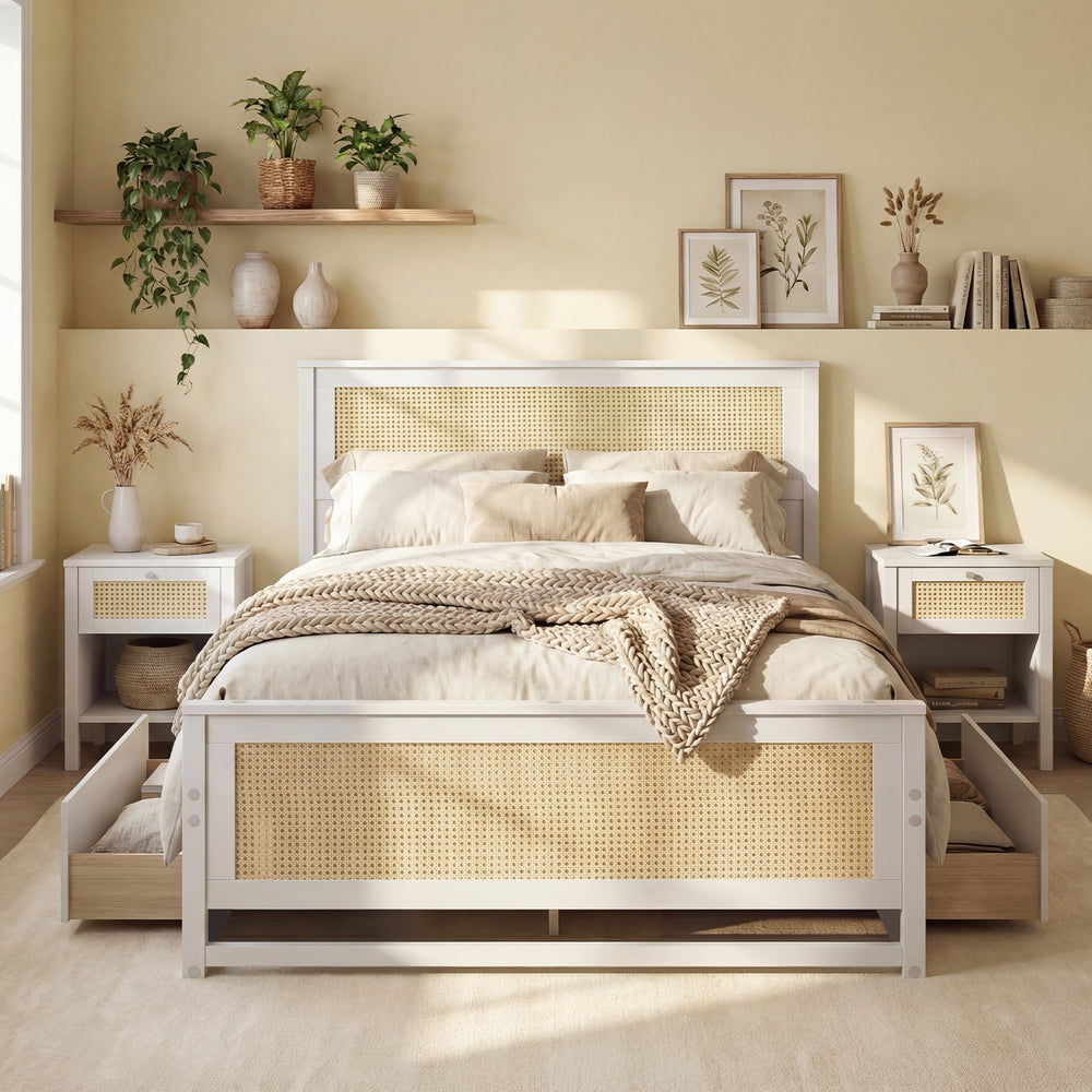 Full size rattan bed frame in white with storage drawers, featuring a boho aesthetic and sturdy wooden construction.