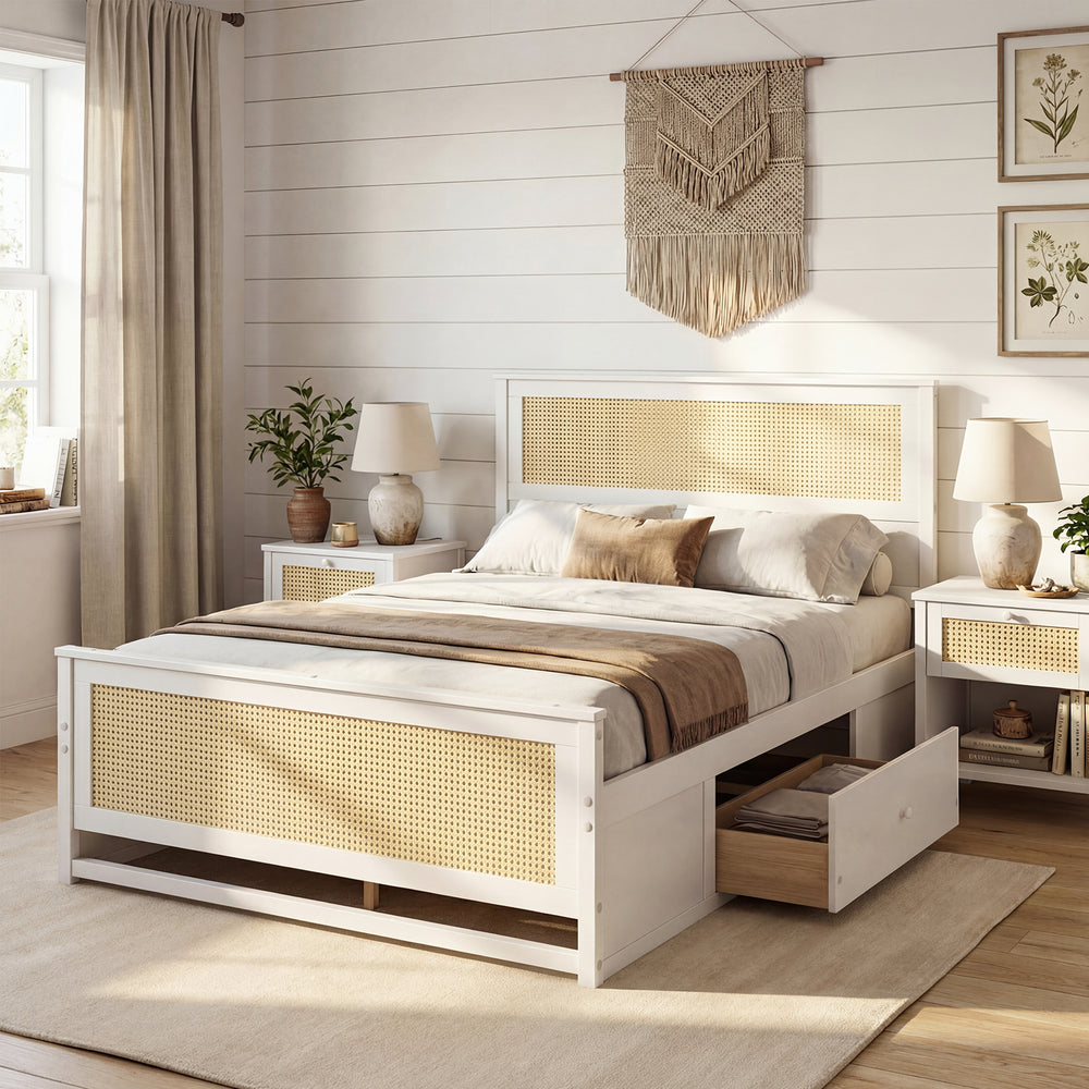 Full size white rattan bed frame with two storage drawers, featuring a boho design and sturdy wooden construction.