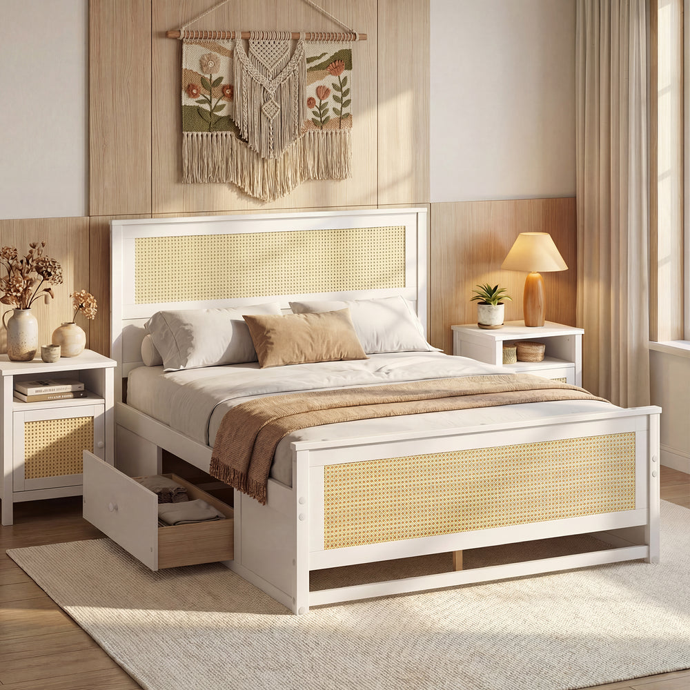 Full size rattan bed frame in white with two storage drawers, featuring a boho woven accent for stylish organization.