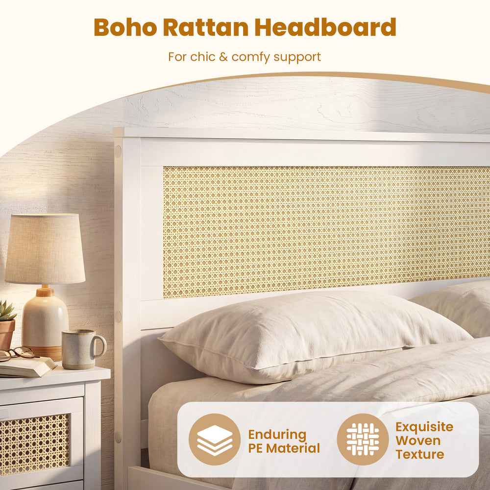 Full view of the boho rattan headboard with a woven texture, featuring durable PE material for stylish bedroom support.