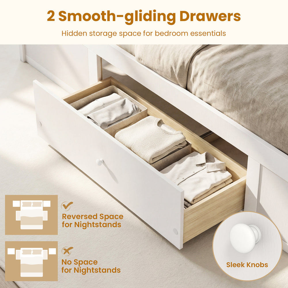 Full view of the Full Size Rattan Bed Frame with 2 smooth-gliding storage drawers for organized bedroom essentials.