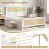 Full size white rattan bed frame with storage drawers and sturdy wooden construction for organized bedroom space.