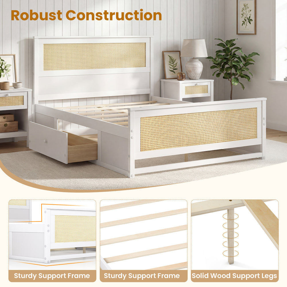 Full size white rattan bed frame with storage drawers and sturdy wooden construction for organized bedroom space.