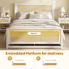Full size rattan bed frame in white with embedded platform and storage drawers for organized bedroom space.