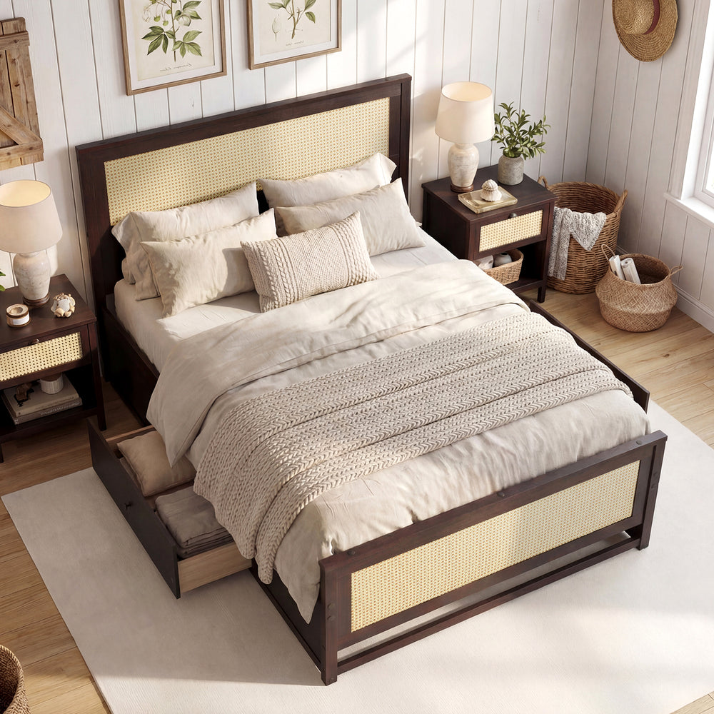 Full Size Rattan Bed Frame with Storage Drawers-Rustic Brown - Gallery View 1 of 10