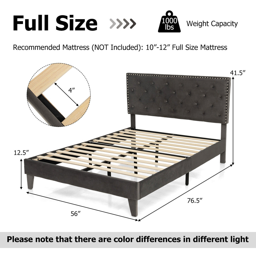 Full size upholstered platform bed with tufted headboard, sturdy metal frame, and plywood slats for 1000 lbs capacity.