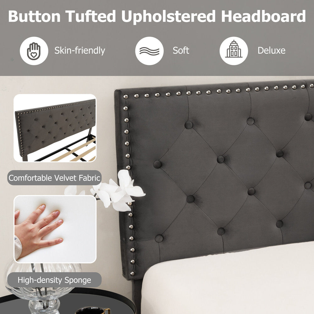 Button tufted upholstered headboard in soft velvet fabric, designed for full/queen size platform bed, offers comfort.