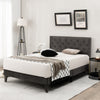 Elegant full/queen size upholstered platform bed featuring a tufted headboard and a cozy blanket for stylish bedroom.