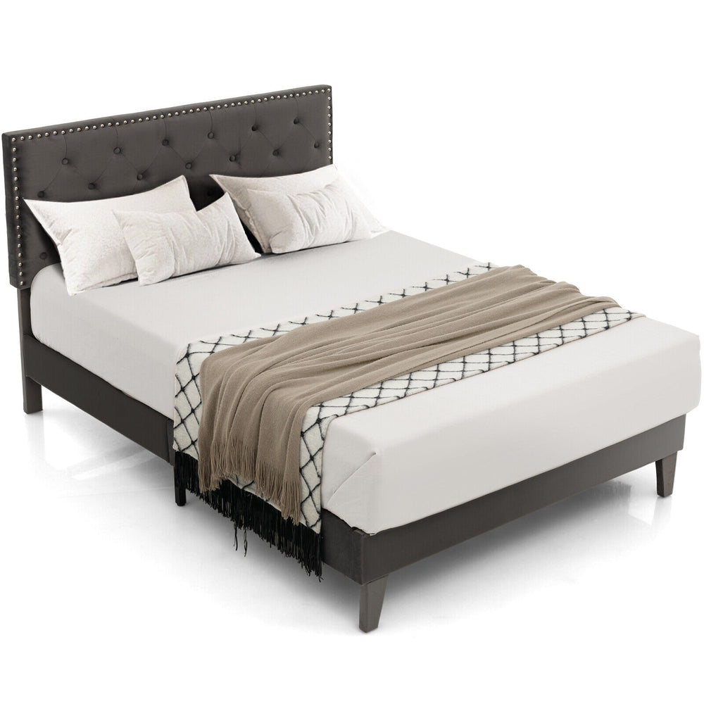 Full/Queen size upholstered platform bed with tufted headboard, sturdy metal frame, and 9-leg support for stability.