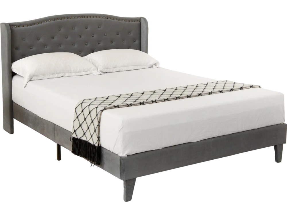 Upholstered platform bed frame with button tufted headboard in gray, perfect for modern bedrooms and guest rooms.