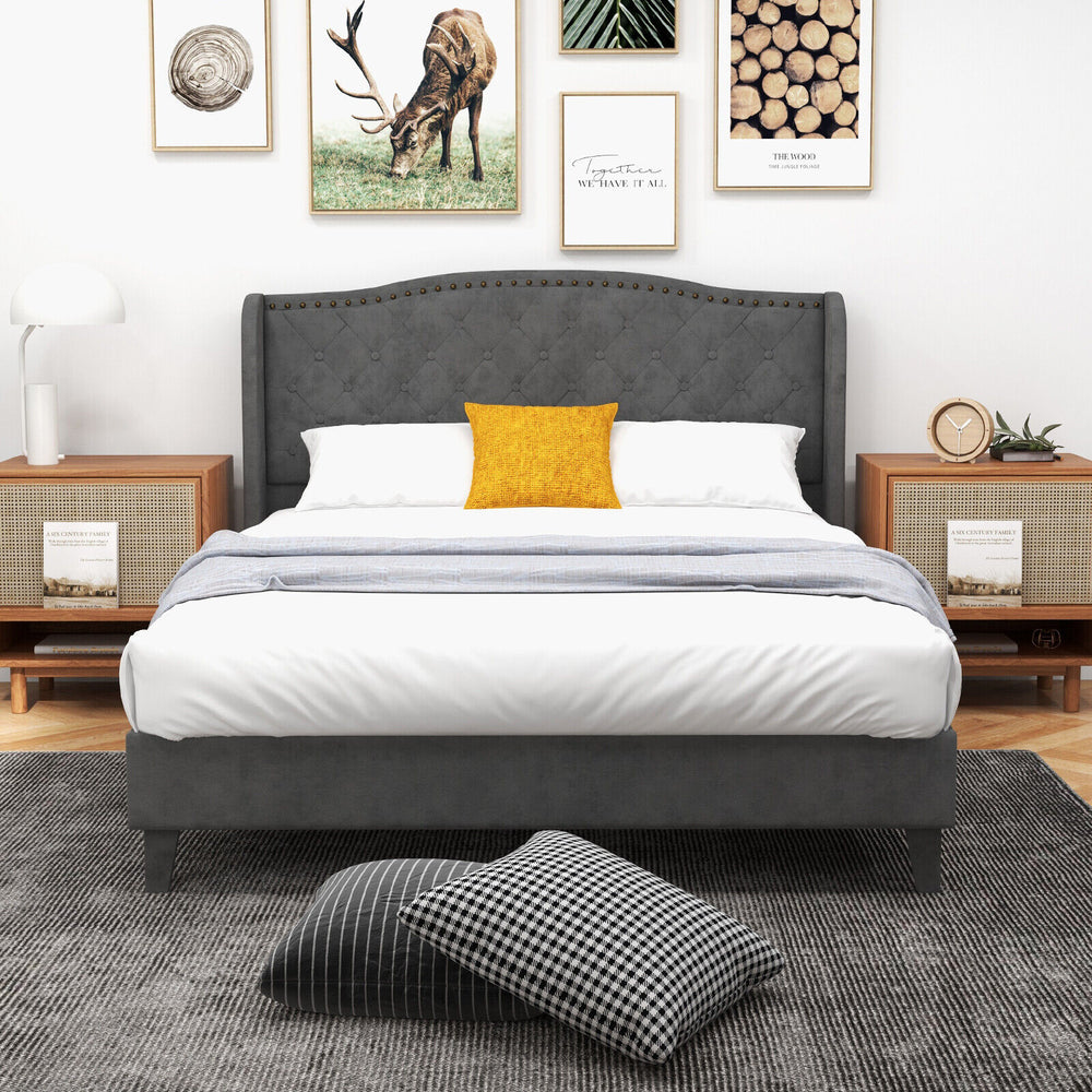 Upholstered platform bed frame with button tufted headboard in gray, featuring solid wood slats and under-bed storage.