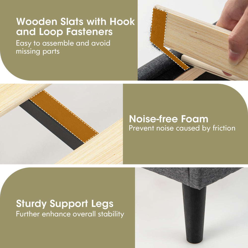 Wooden slats with hook and loop fasteners for easy assembly on the Full/Queen size upholstered platform bed.