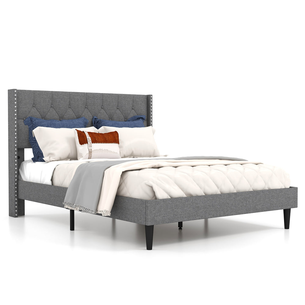 Full/Queen size upholstered platform bed with button tufted headboard, premium linen fabric, and sturdy wooden slats.