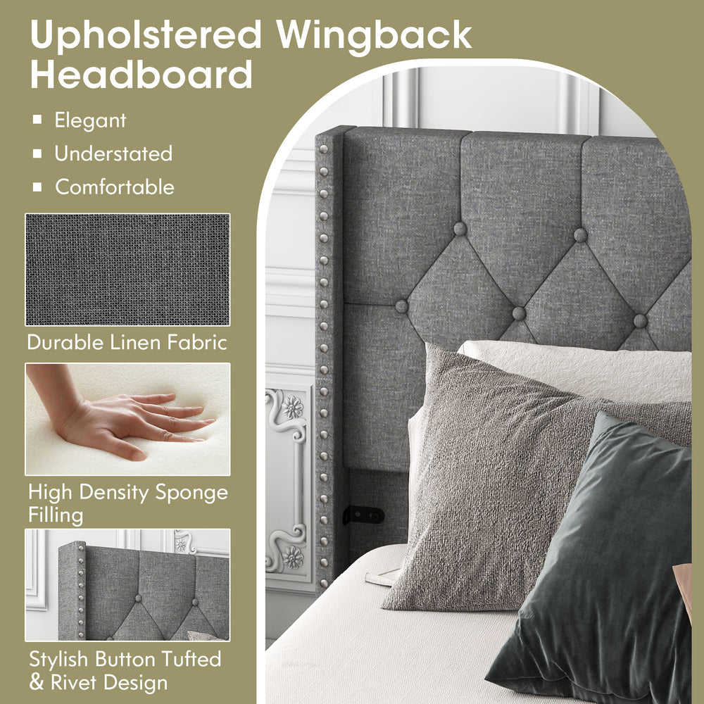 Upholstered button tufted headboard in durable linen fabric, providing comfort and style for full/queen size beds.