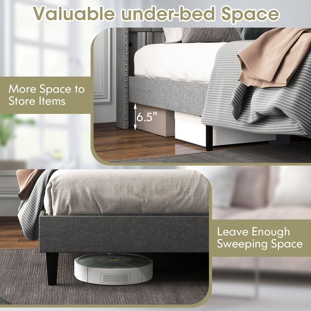 Full/Queen size upholstered platform bed with button tufted headboard, featuring under-bed storage space for.