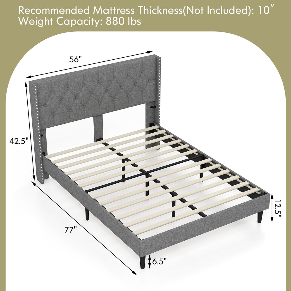 Full size upholstered platform bed with button tufted headboard, sturdy wooden slats, and adjustable foot pads for.
