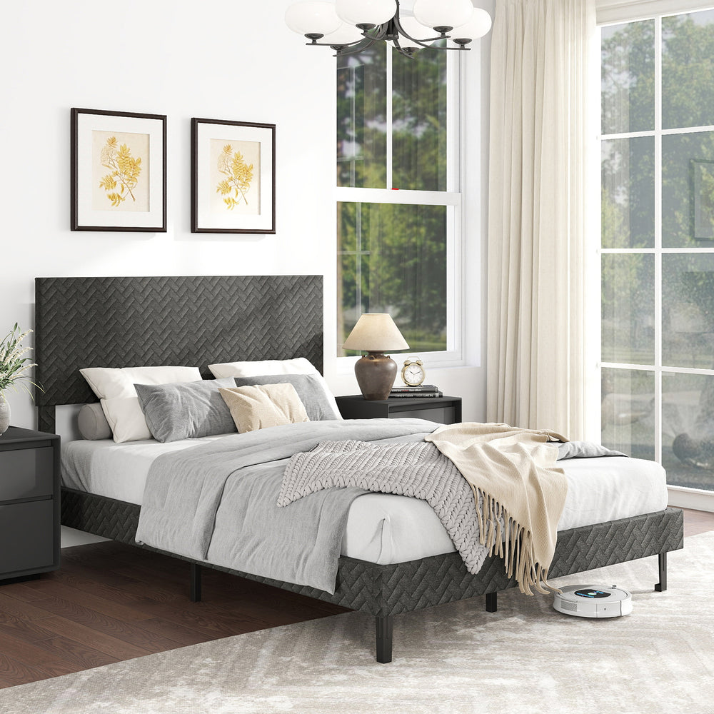 Full Size Velvet Bed Frame Upholstered Platform Bed with Chevron Headboard Gray - Gallery View 1 of 10