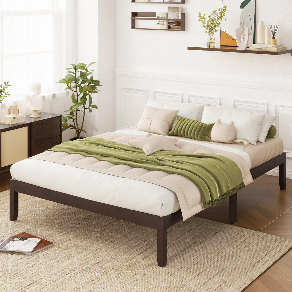 Full Size Wood Bed Frame with Wooden Slats Support and Rubber Wood Legs-Espresso - Gallery View 1 of 9