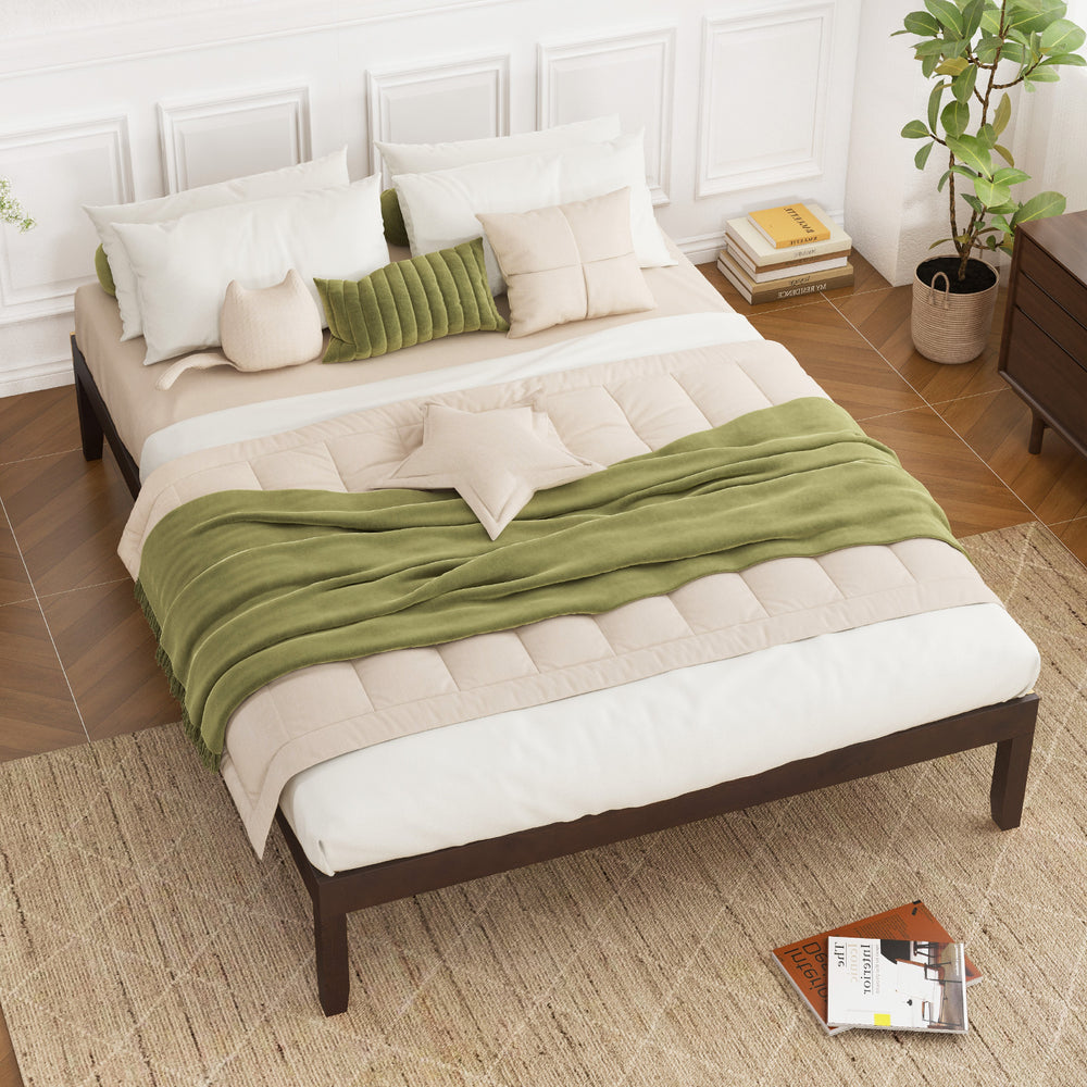Full size wood bed frame in espresso with sturdy slats, minimalist design, and ample under-bed storage for organization.
