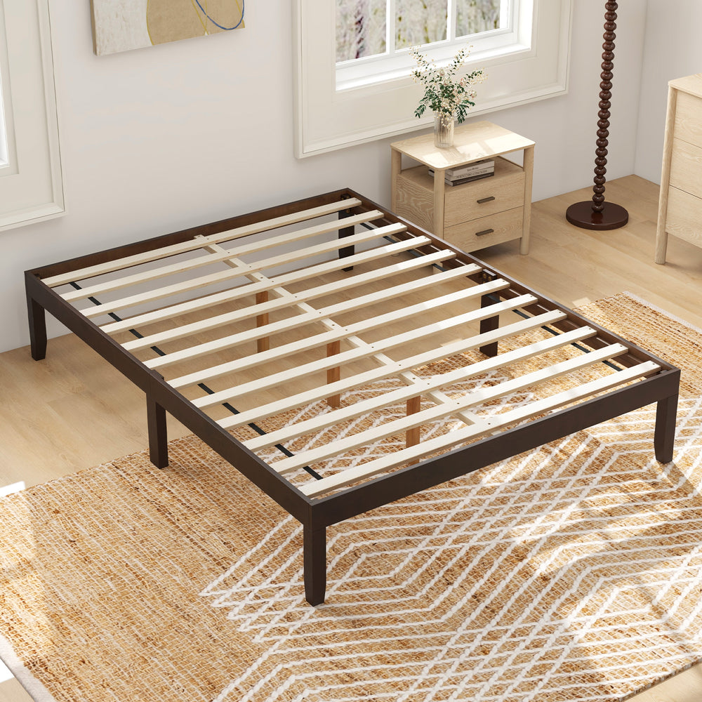 Full size wood bed frame in espresso with wooden slats and rubber wood legs, featuring a minimalist design for stylish.