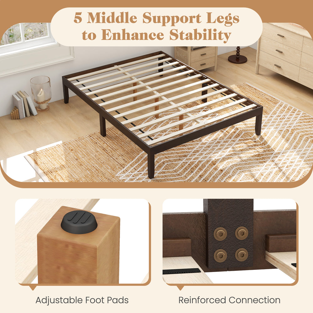Full size wood bed frame with wooden slats support, featuring 5 middle support legs for enhanced stability and.
