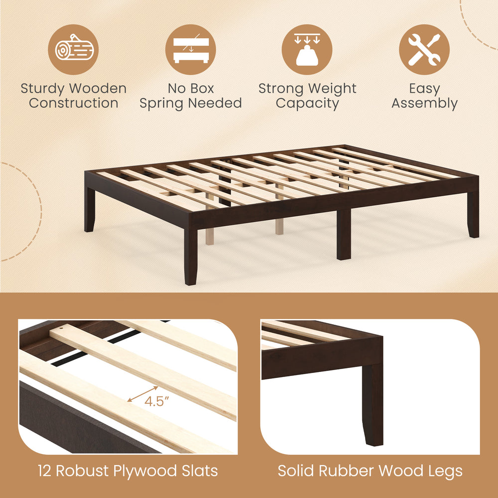 Full size wood bed frame in espresso with sturdy wooden slats and rubber wood legs, designed for strong support and.