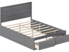 Gray full size wooden platform bed frame with storage drawers and headboard, featuring robust plywood slats for.