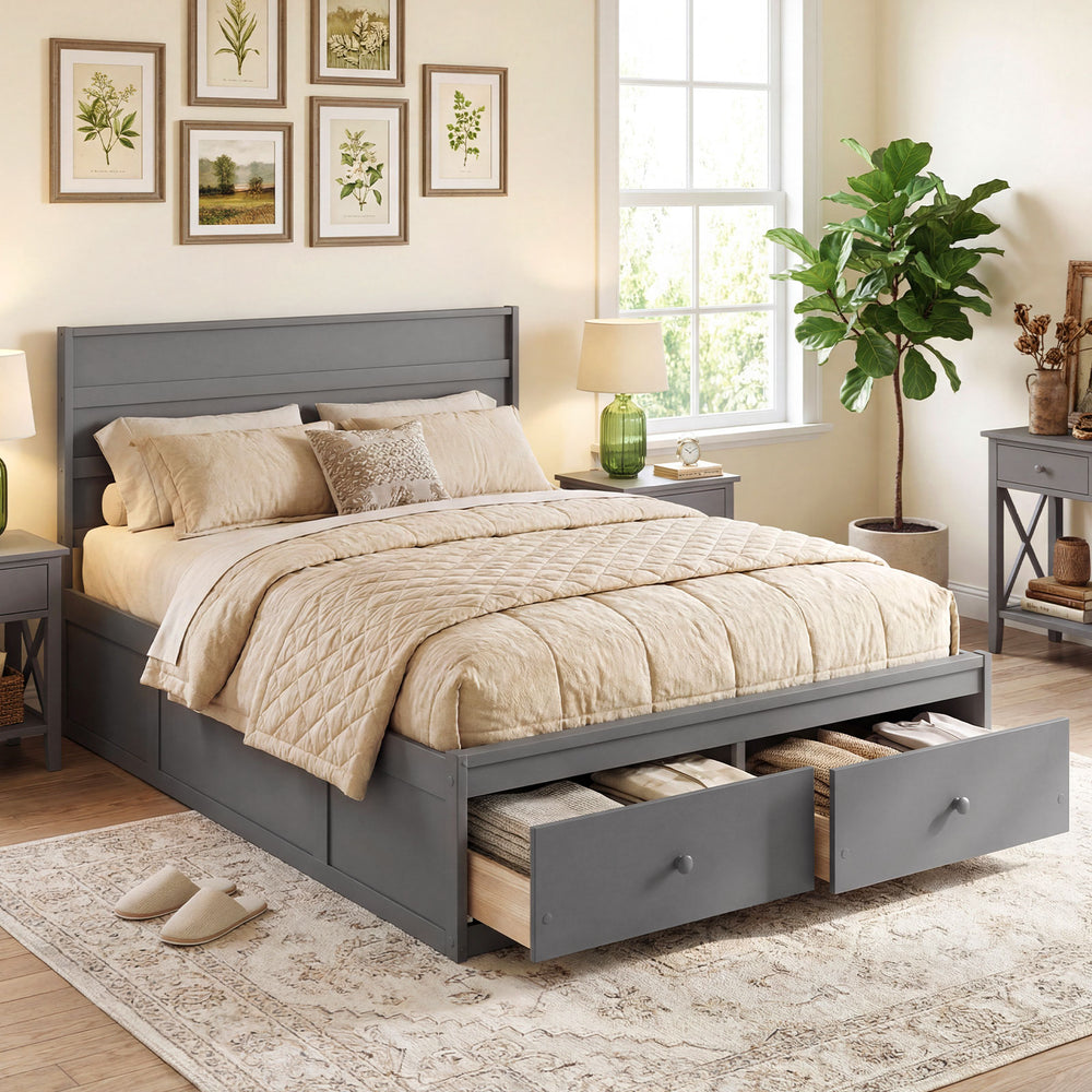 Full Size Wooden Platform Bed Frame with Storage Drawers-Gray - Gallery View 1 of 10