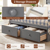 Full size gray wooden platform bed frame with two storage drawers for clothes, socks, and sheets, featuring sleek round.