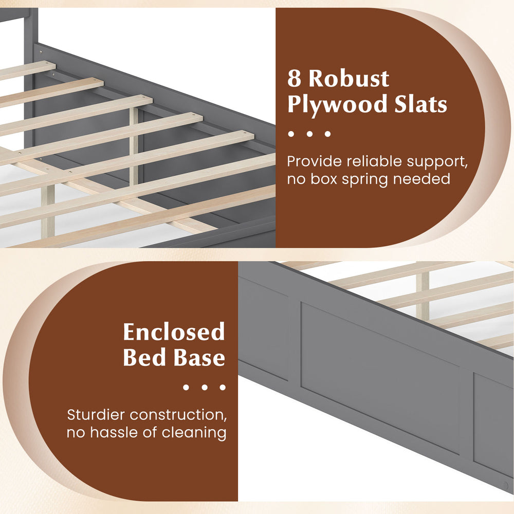 Close-up of the Full Size Wooden Platform Bed Frame in gray, featuring 8 plywood slats and enclosed bed base for sturdy.