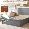 Full size gray wooden platform bed frame with embedded mattress support and two storage drawers for organization.