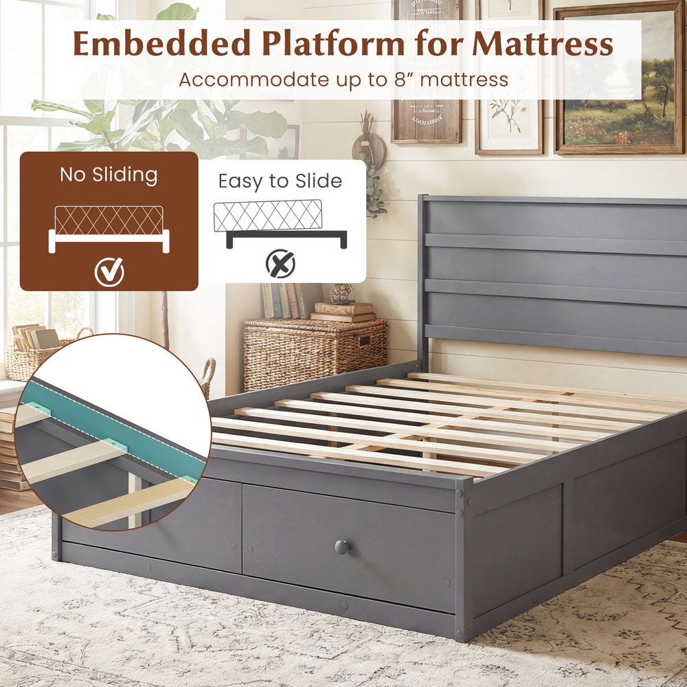 Full size gray wooden platform bed frame with embedded mattress support and two storage drawers for organization.