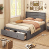 Full size gray wooden platform bed frame with storage drawers and headboard, perfect for modern bedroom decor.