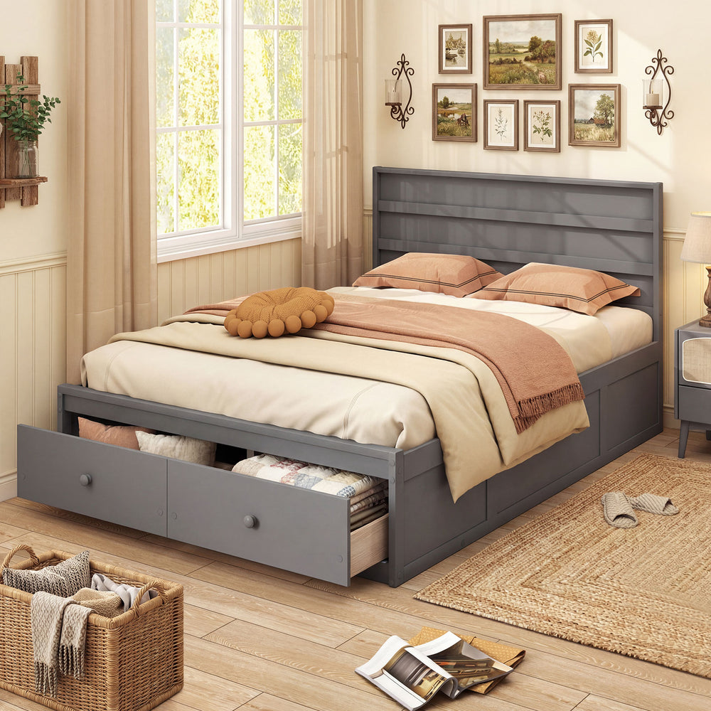Full size gray wooden platform bed frame with storage drawers and headboard, perfect for modern bedroom decor.