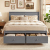 Full size gray wooden platform bed frame with storage drawers, featuring a modern headboard and ample space for.
