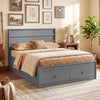 Full size gray wooden platform bed frame with headboard and 2 storage drawers for efficient bedroom organization.