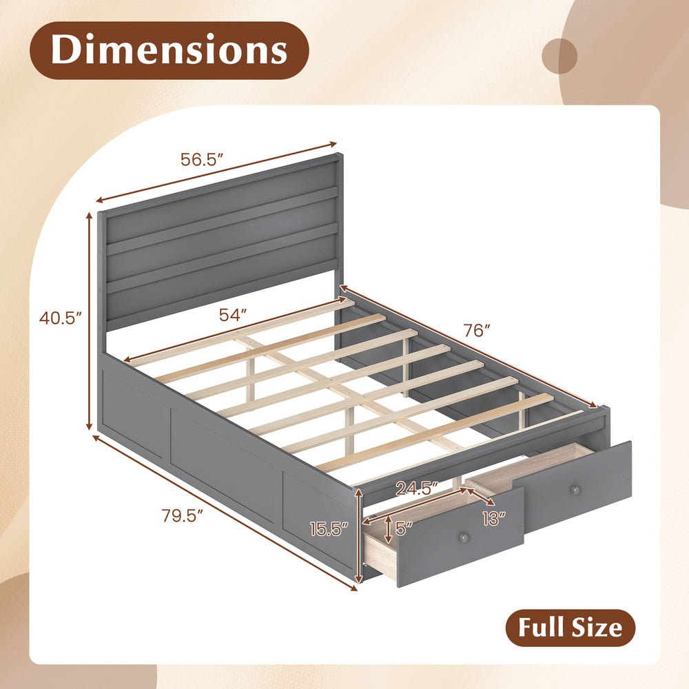 Full size gray wooden platform bed frame with storage drawers, featuring robust slats and modern headboard design.