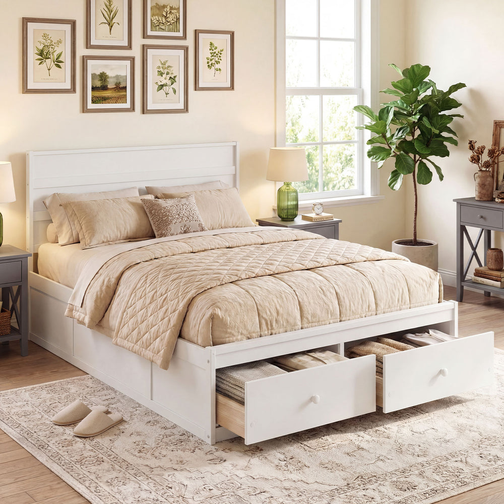 Full Size Wooden Platform Bed Frame with Storage Drawers-White - Gallery View 1 of 10