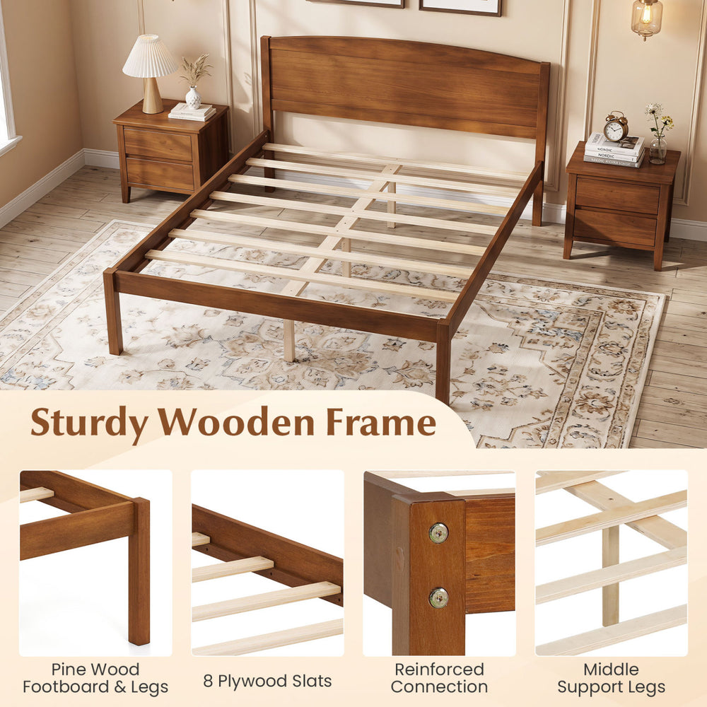 Full size wooden platform bed frame in walnut with a curved headboard and sturdy pine wood legs for reliable support.