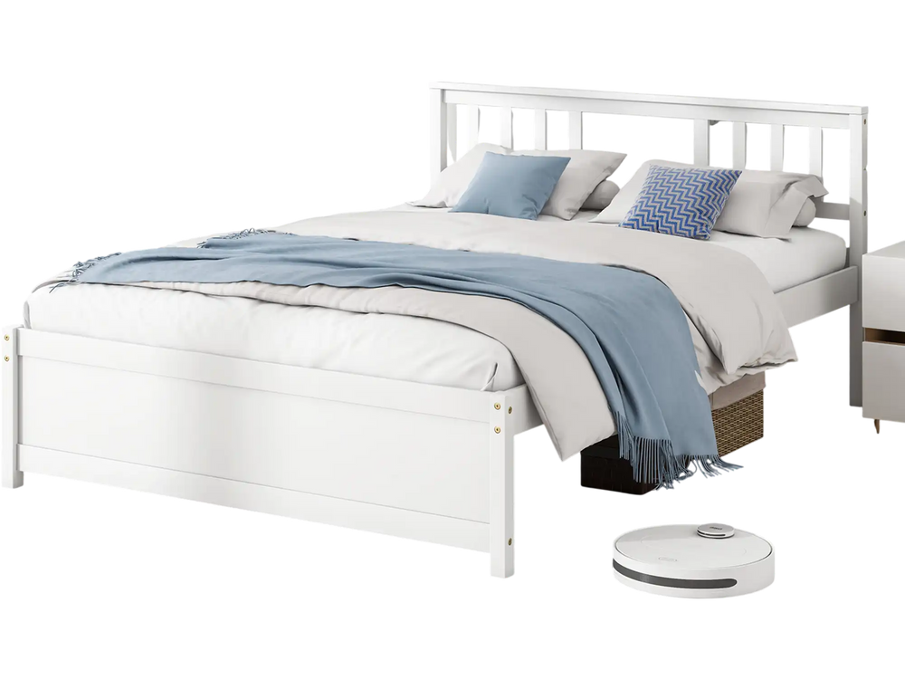 Full-size wooden platform bed in white with stylish headboard, slatted support, and elevated design for under-bed.