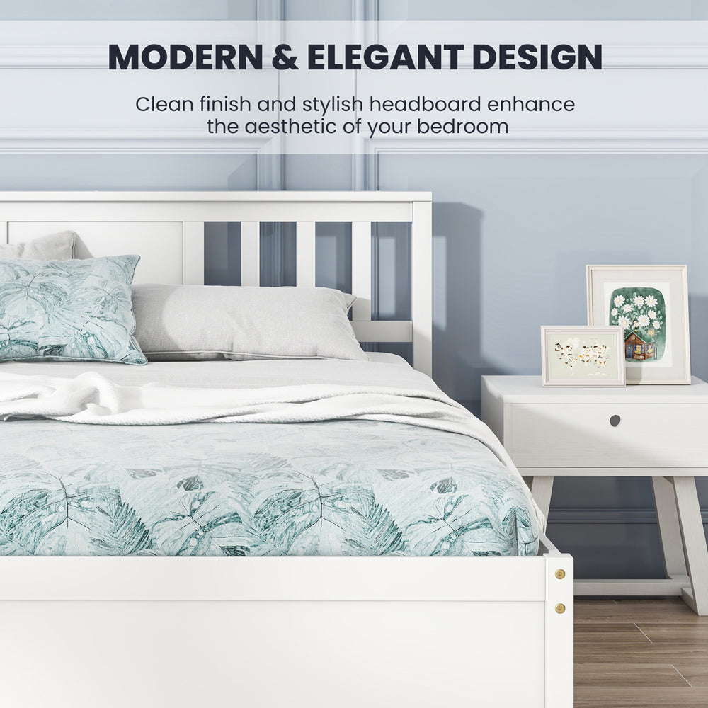 White wooden platform bed with stylish headboard and slatted support, enhancing bedroom aesthetics and providing solid.